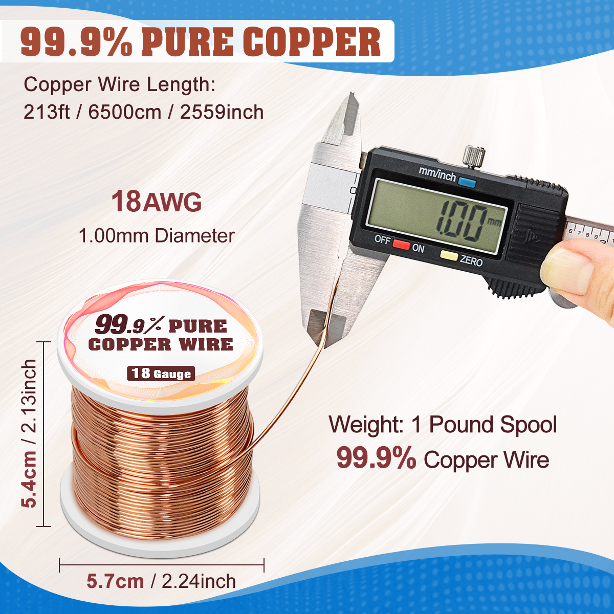 UCINNOVATE 18 Gauge 99.9% Pure Copper Wire, 18 AWG Soft Bare Copper Wire 213FT / 65m 1 Pound Spool