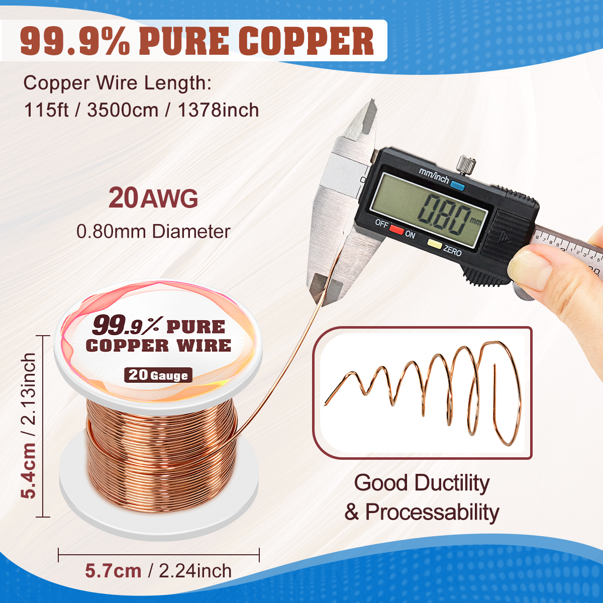 20 Gauge 99.9% Pure Copper Wire, 0.8mm Dia / 115Ft Soft Copper Wire for Jewelry Making and Craft Wire, 20 AWG Premium Flexible Bare Solid Copper Wire for Electroculture Gardening Plants