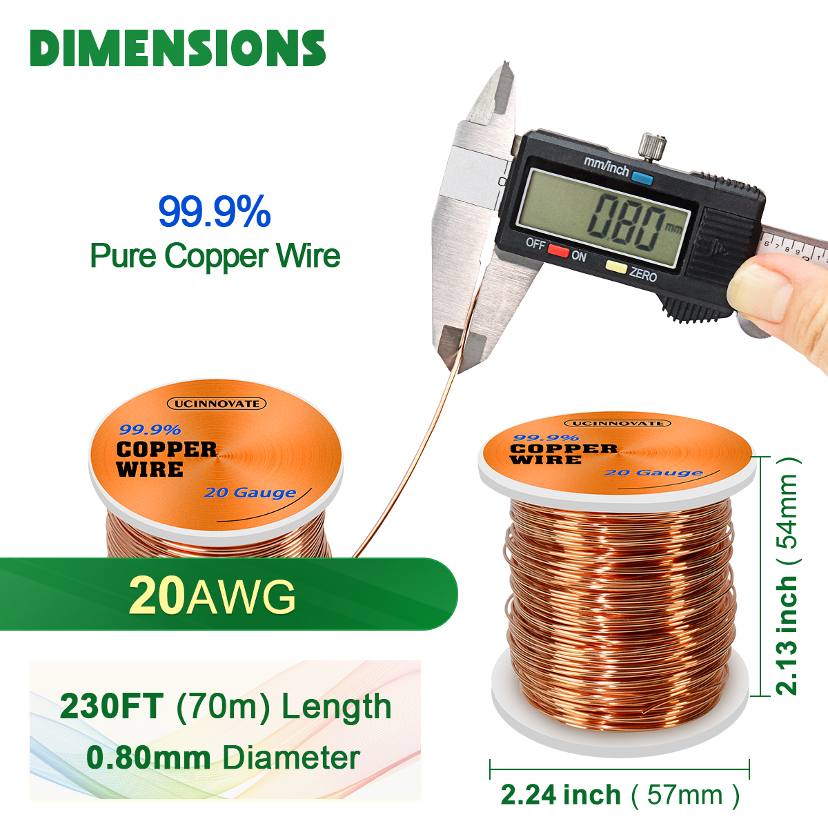 UCINNOVATE 20 Gauge Copper Wire, 20AWG 230FT Soft Pure Copper Wire for Jewelry Making, 0.8mm Diameter Craftwire Copper Jewelry Wire, 99.9% Bare Copper Wire for Electroculture Gardening Plants and Vegetables