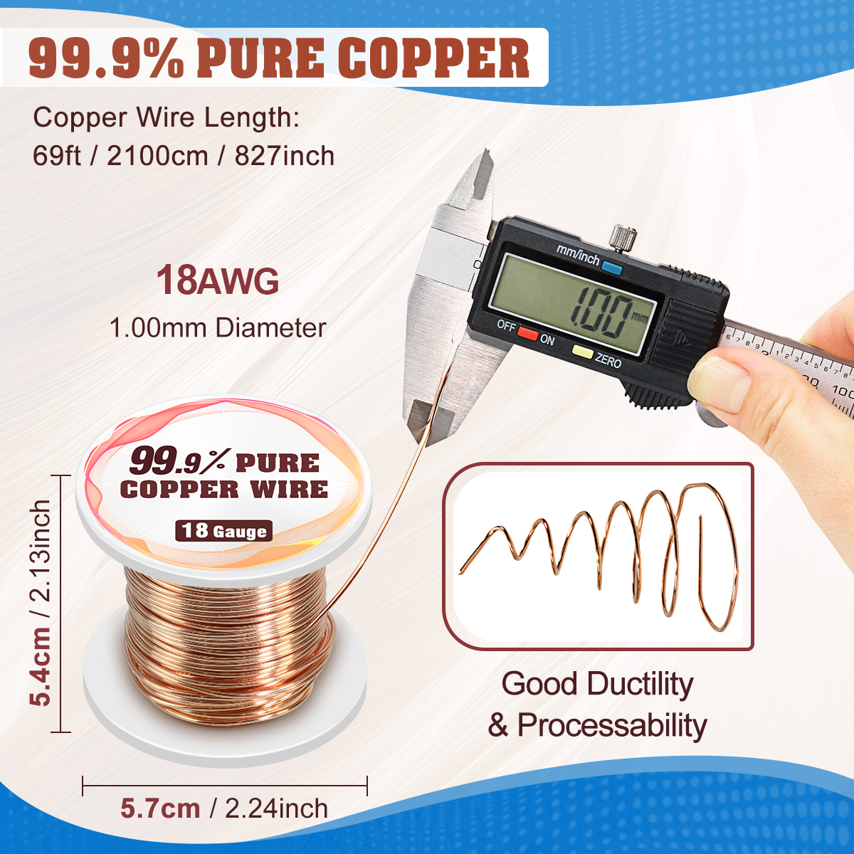 UCINNOVATE 18 Gauge 99.9% Pure Soft Copper Wire，18 AWG 68 Feet Pure Copper for Electroculture Gardening, Jewelry Making, Beading, Science Projects, DIY Artwork