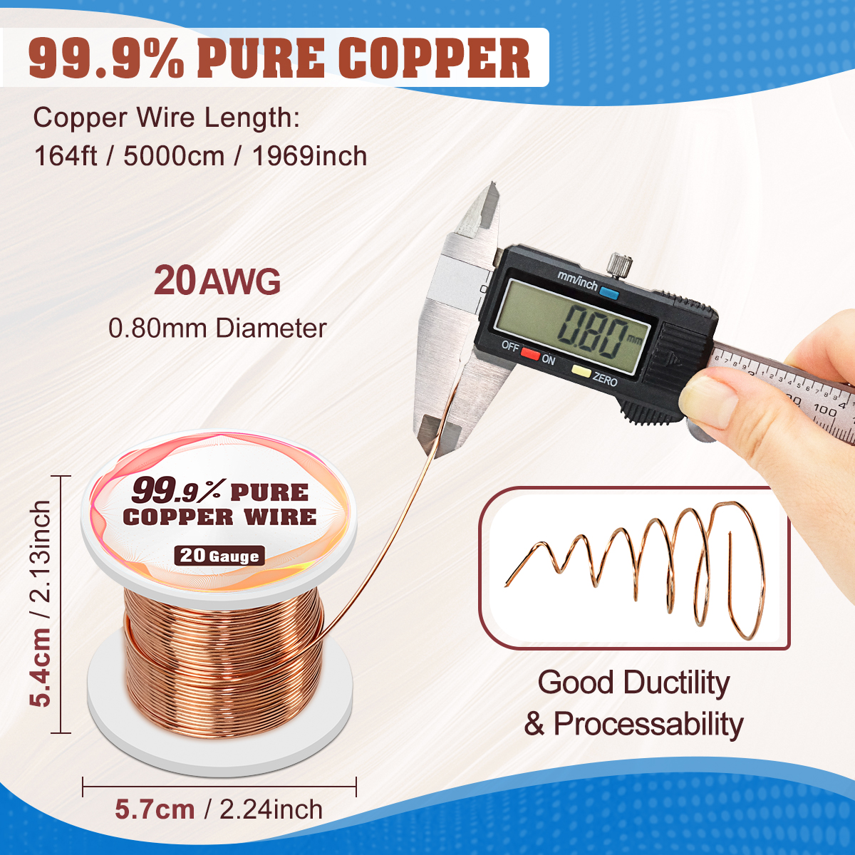 UCINNOVATE 20 Gauge Pure Copper Wire for Jewelry Making Craft, 164Ft 20AWG 0.8mm Diameter Solid Copper Wire for Gardening, Electroculture, Jewelry Making Beading DIY Craft Pure Bare Copper Wire