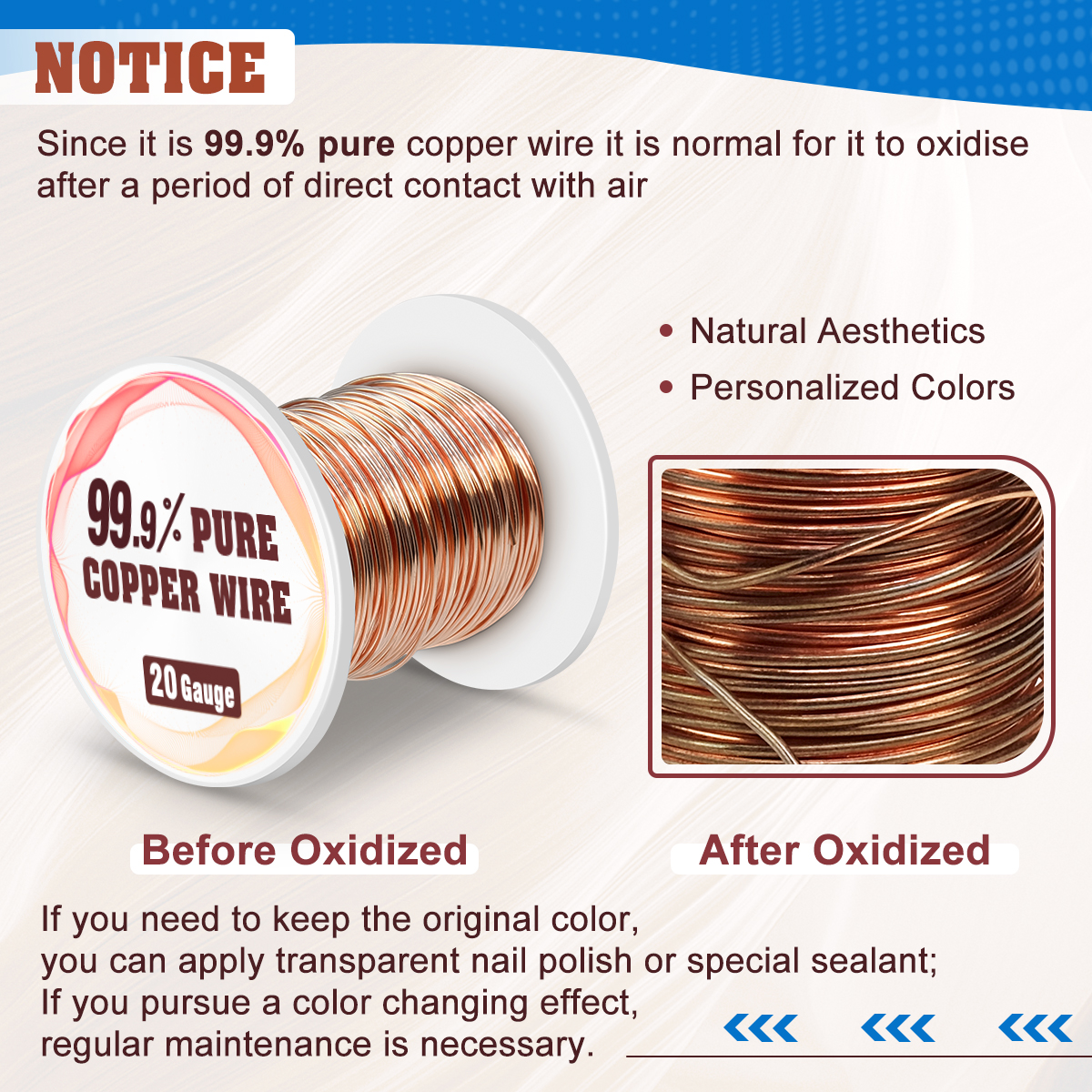 UCINNOVATE 20 Gauge Pure Copper Wire for Jewelry Making Craft, 164Ft 20AWG 0.8mm Diameter Solid Copper Wire for Gardening, Electroculture, Jewelry Making Beading DIY Craft Pure Bare Copper Wire