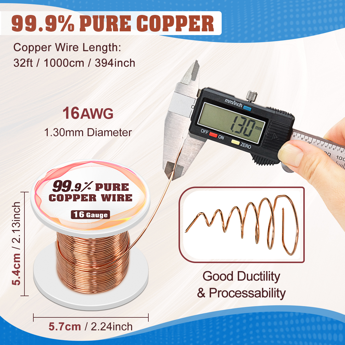UCINNOVATE 99.9% Pure Copper Wire, 16 Gauge/ 1.3 mm Diameter 33Feet Soft Pure Copper Wire, 16 AWG 10m Solid Pure Copper Wire for Jewelry Making Wire Craft Wire