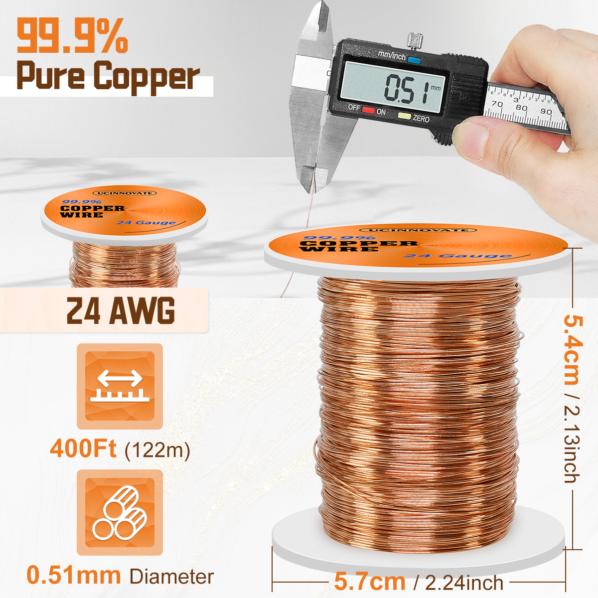 UCINNOVATE 24 Gauge Pure Copper Wire, 122m /400FT 0.5mm Diameter Solid Soft Bare Copper Wire for Jewelry Making Crafts and Electrical Applications, Flexible Durable Copper Wire Jewelry Wire DIY