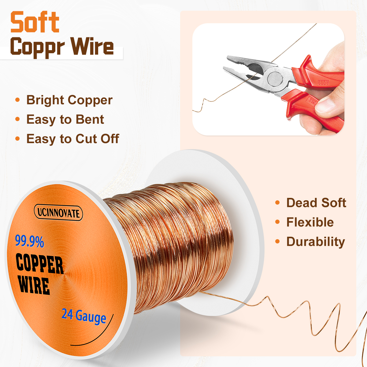 UCINNOVATE 24 Gauge Pure Copper Wire, 122m /400FT 0.5mm Diameter Solid Soft Bare Copper Wire for Jewelry Making Crafts and Electrical Applications, Flexible Durable Copper Wire Jewelry Wire DIY
