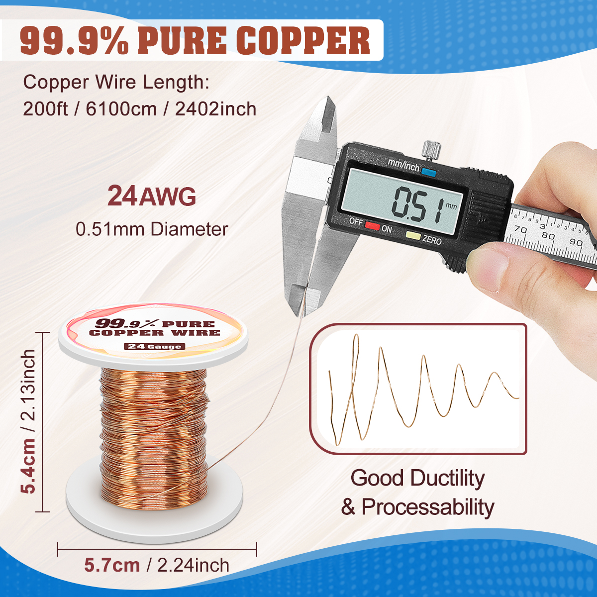 UCINNOVATE 24 Gauge Pure Copper Wire, 99.9% Pure Copper Wire 0.5mm Diameter 61m /200FT Solid Soft Copper Wire for Jewelry Making Crafts, Flexible Copper Wire Jewelry Wire DIY Electro Gardening