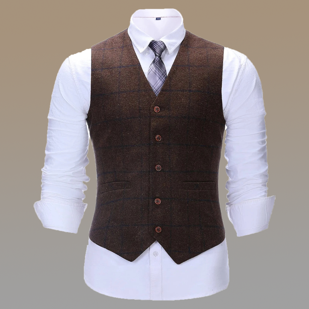 Formal Men's Suit Vest Coffee Tweed Plaid V Neck Waistcoat