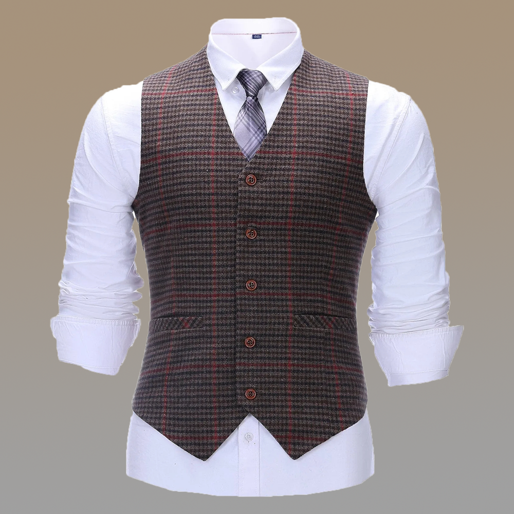 Formal Men's Suit Vest Coffee Plaid V Neck Waistcoat