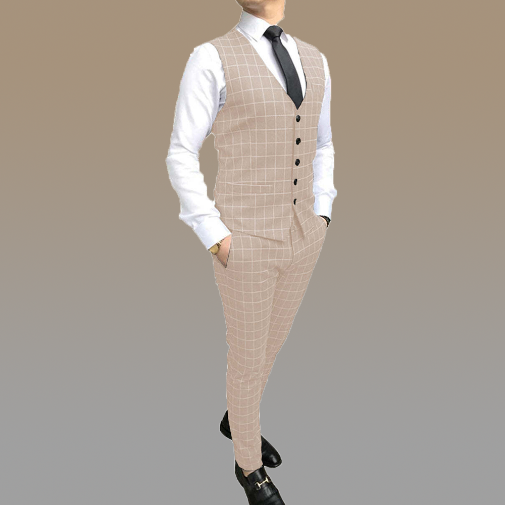 Formal Mens Suit Notch Lapel Blazer Plaid 2 Pieces (Vest+Pants)