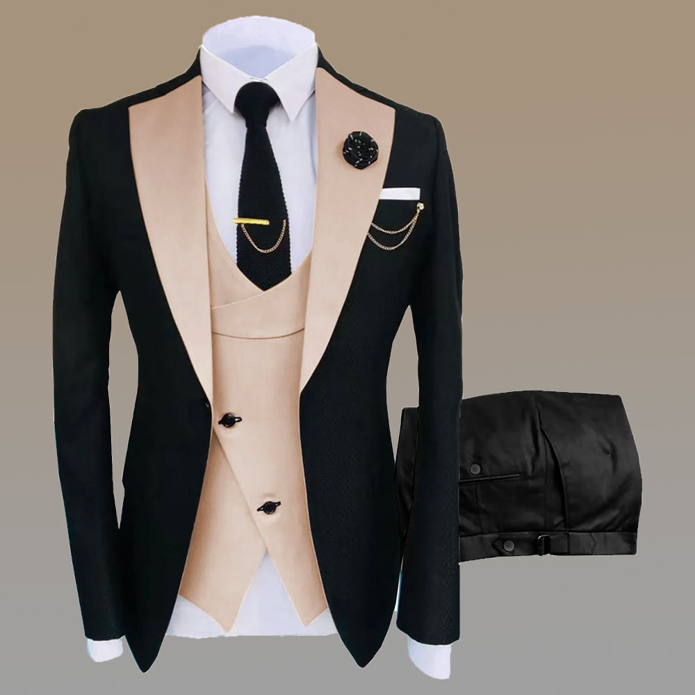 Formal Men's Suits Slim Fit 3 Pieces Notch Lapel Tuxedos (Blazer+Vest+Black Pant)