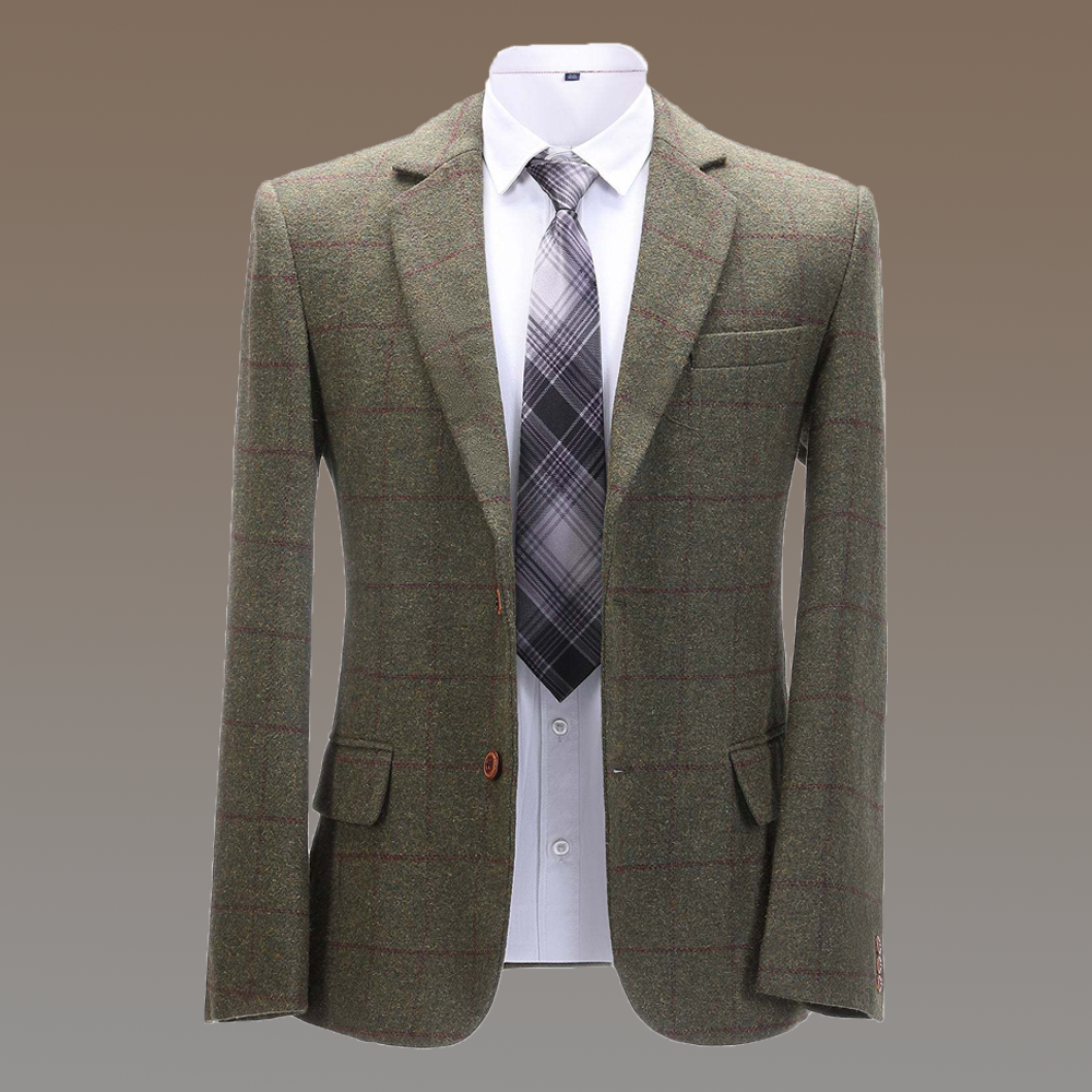 Formal Men's Tweed Green Plaid Notch Lapel Blazer