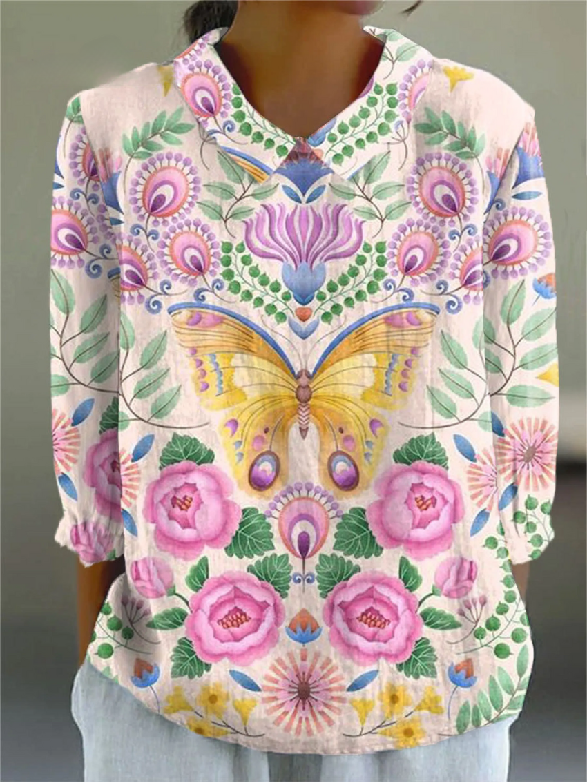 Women's Vintage Butterfly Flower Art Print Casual 3/4 Sleeve Shirt