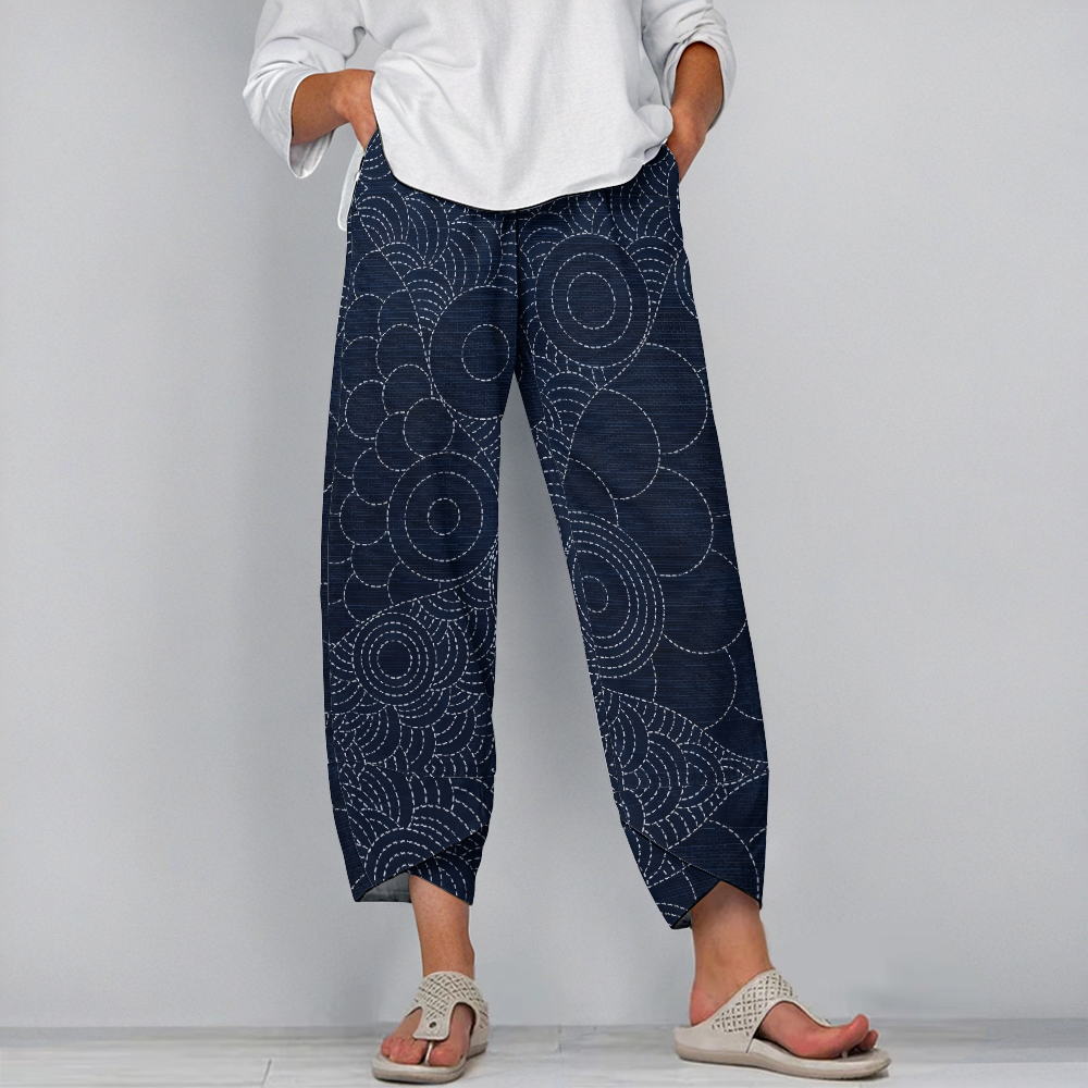 Japanese Traditional Sashiko Art Pattern Art Cropped Casual Pants
