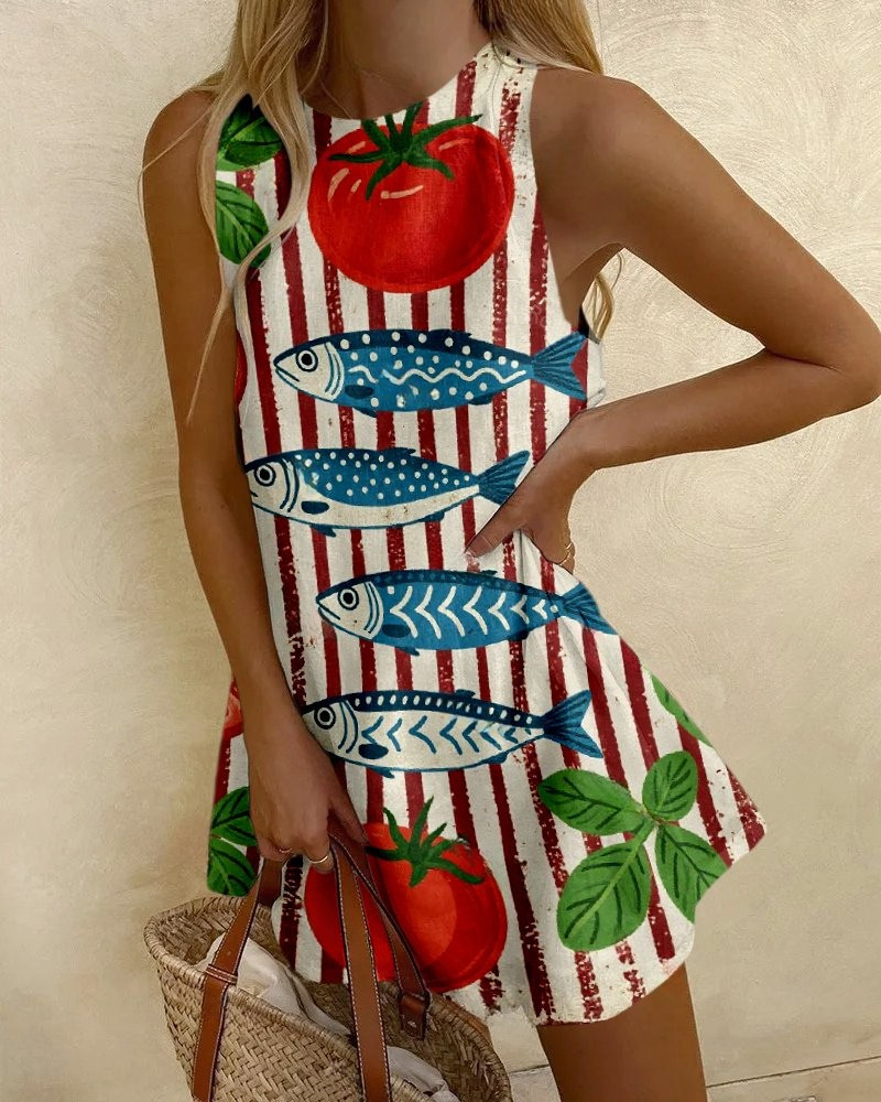 Tomato Sardine Striped Printed Dress