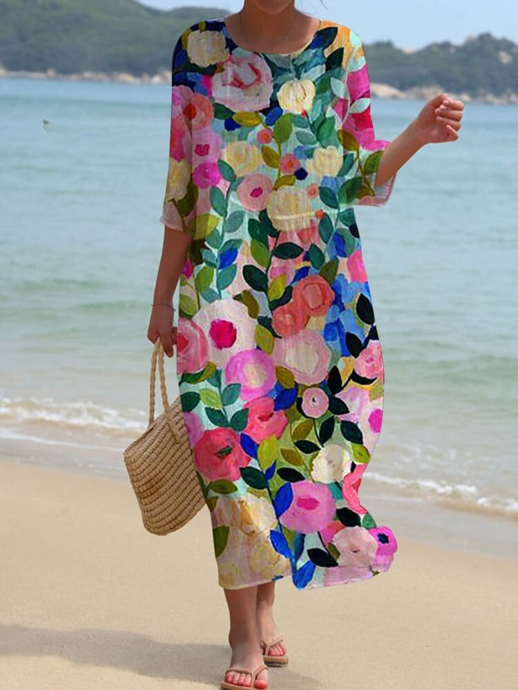 Colorful Spring Floral Garden Printed Women's Pocket Cotton Dress