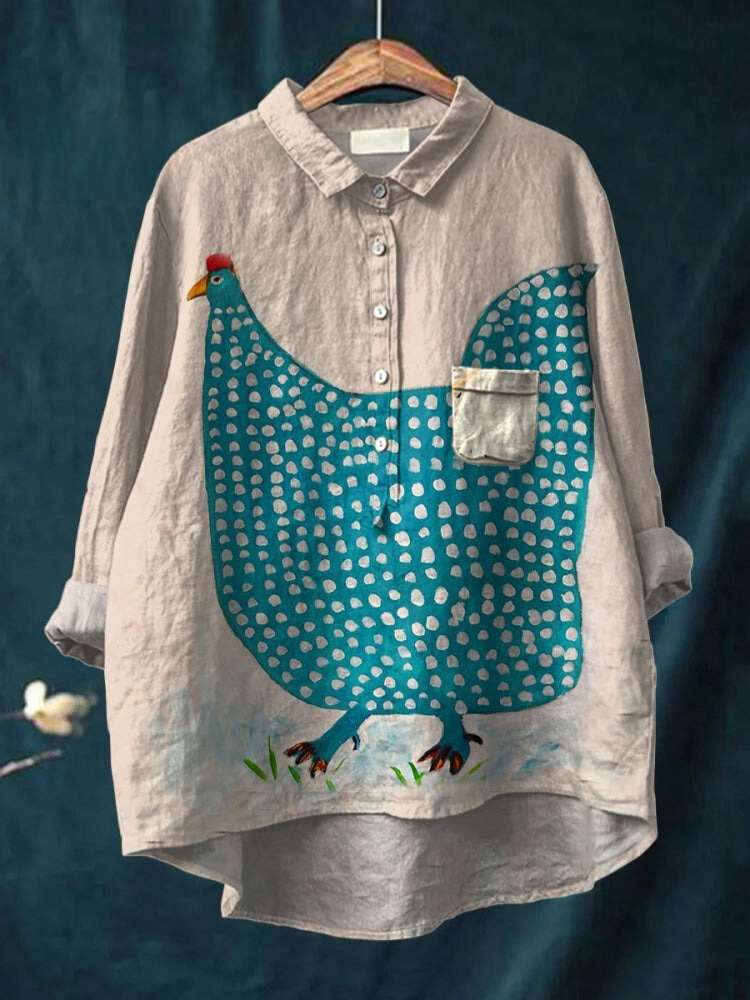 Chicken Print Casual Cotton And Linen Shirt