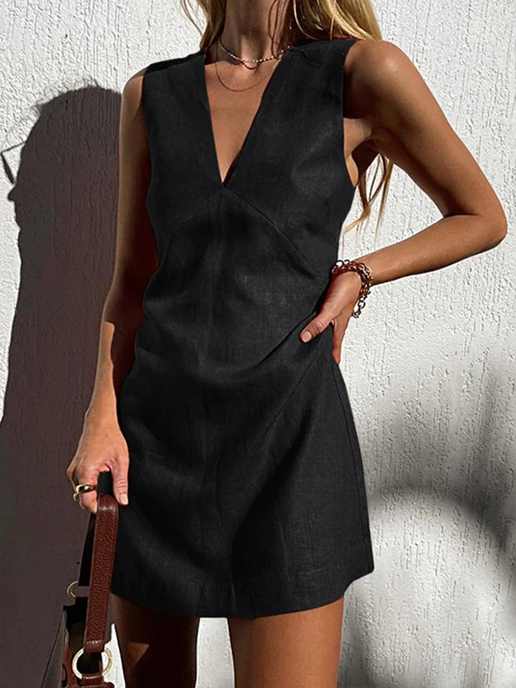 Women's V-neck Cotton And Linen Sleeveless Dress