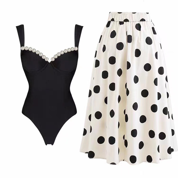 Solid Pearl Embellished One-Piece Swimsuit And Skirt