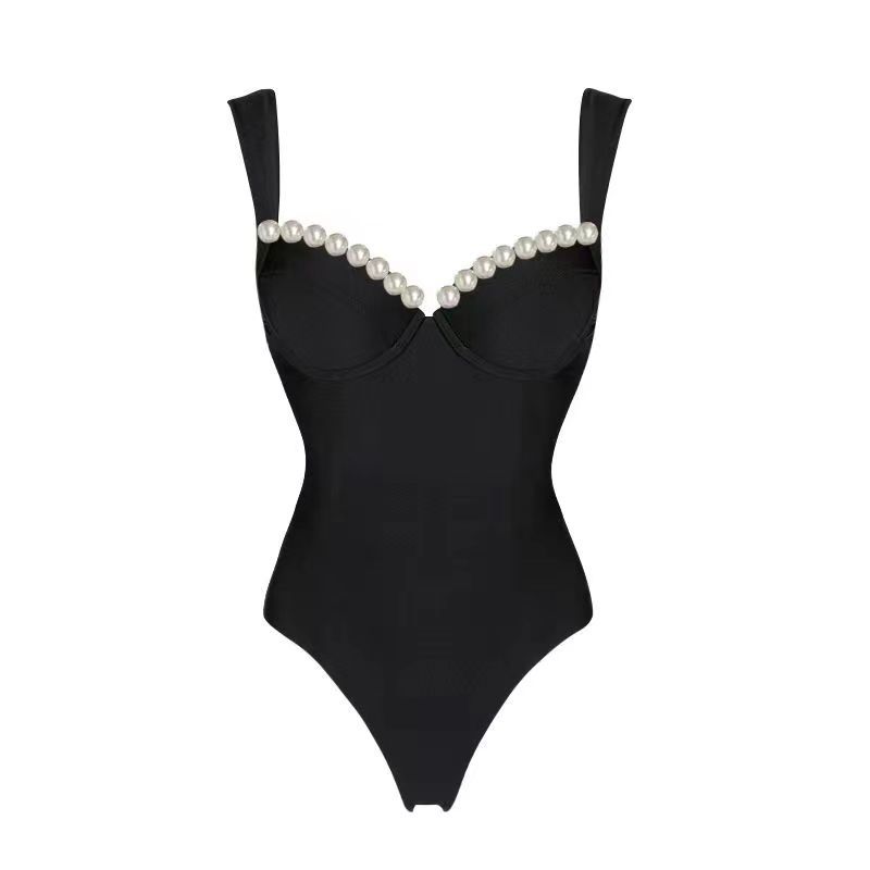 Solid Pearl Embellished One-Piece Swimsuit And Skirt