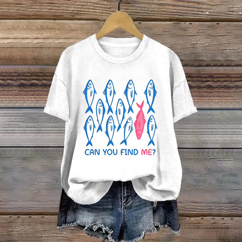 Cotton Can You Find Me Fish Printed T-shirt