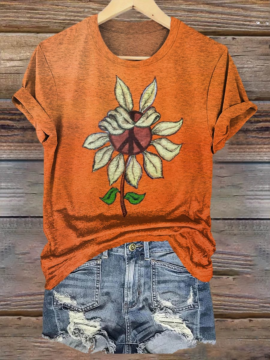 Women's Art Floral Hippie Sunflower Print Crew Neck T-Shirt