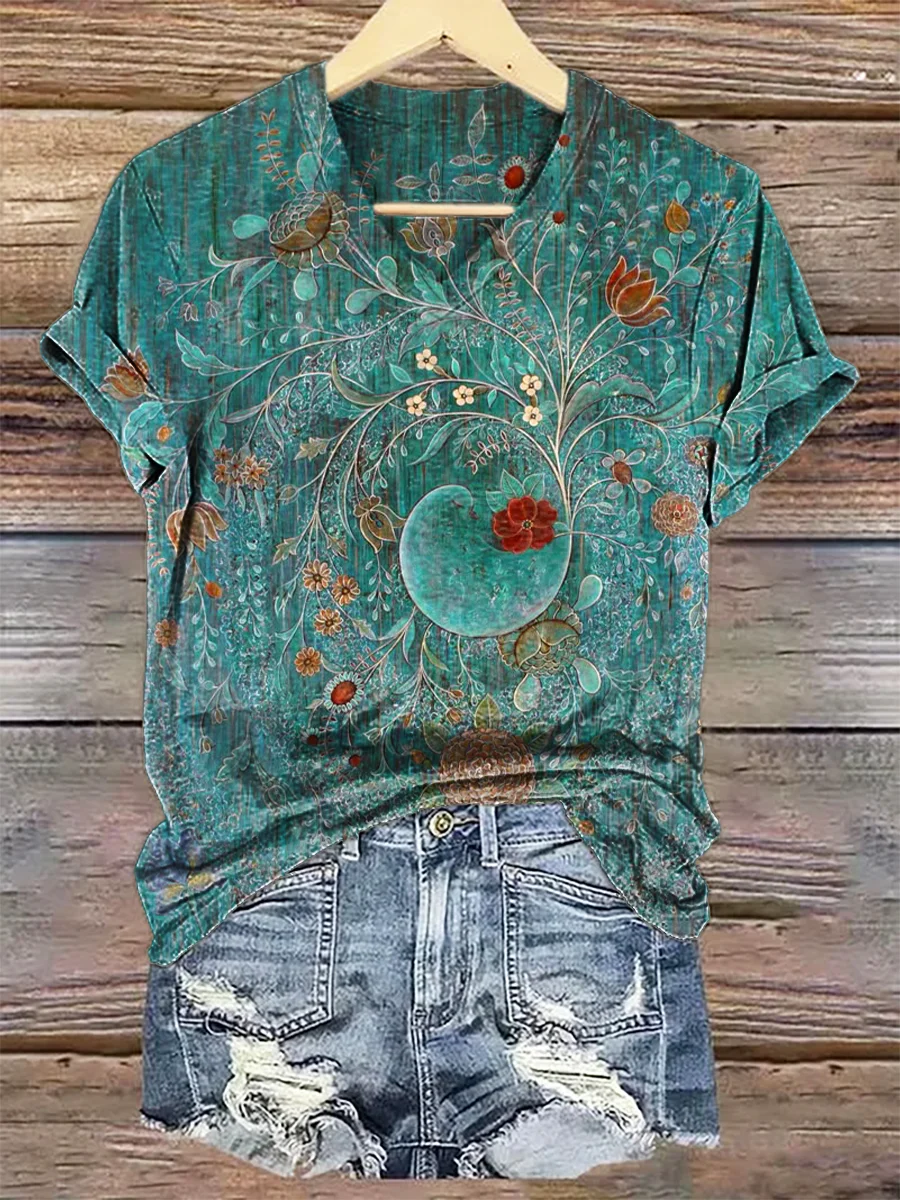 Women's Vintage Floral Art Print V-neck Casual T-Shirt