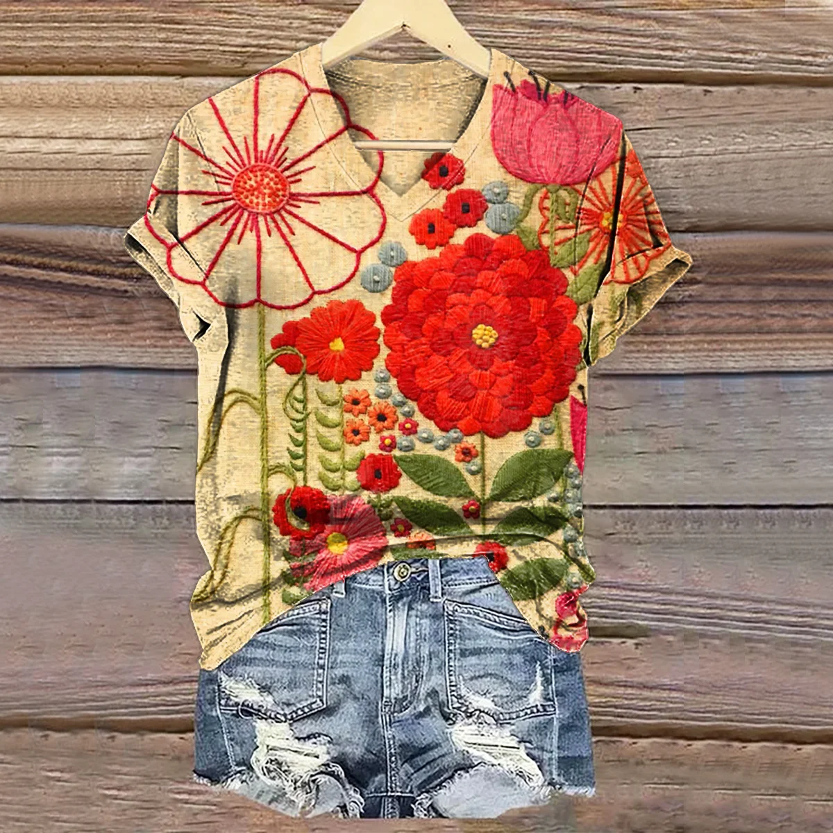 Women's Vintage Floral Art Print V-neck Casual T-Shirt