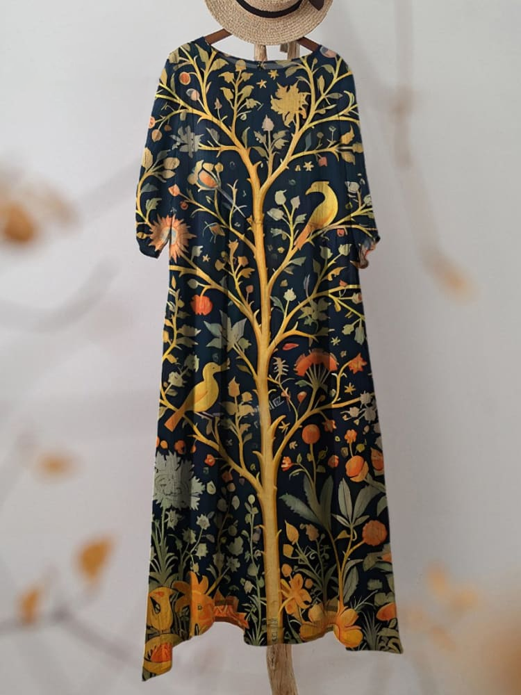 Women's Indian Art Tree Bird Floral Vintage Print Pocket Cotton Dress