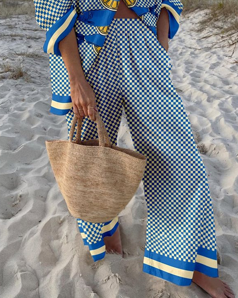 Vintage Plaid Lemon Fish Print Two-piece Set