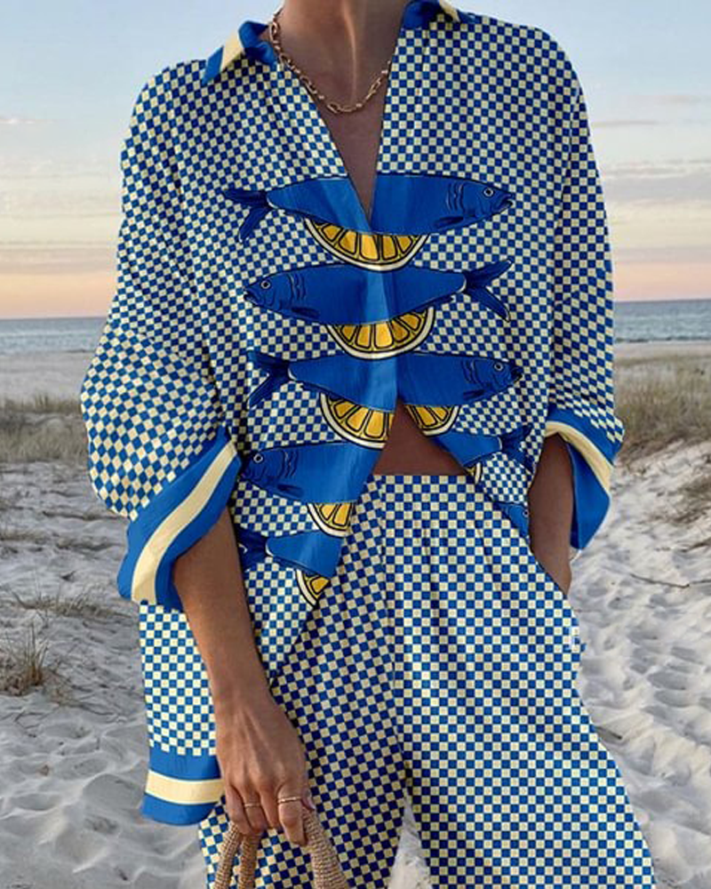 Vintage Plaid Lemon Fish Print Two-piece Set