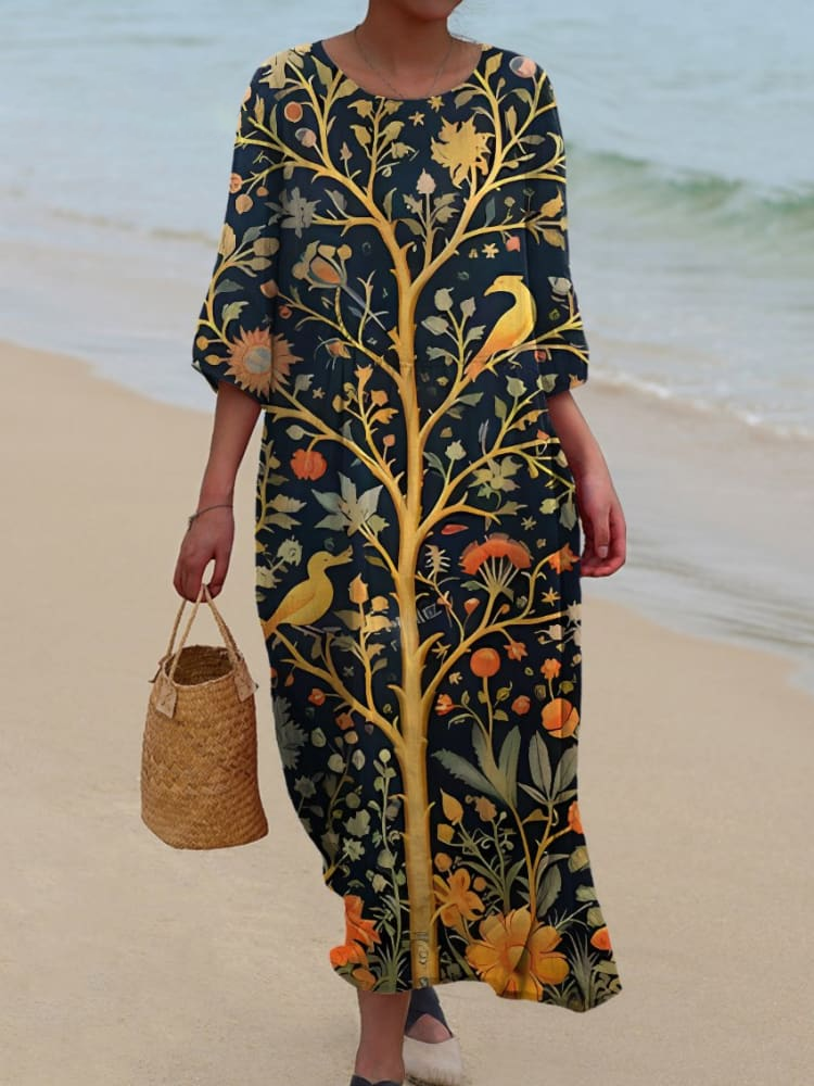 Women's Indian Art Tree Bird Floral Vintage Print Pocket Cotton Dress