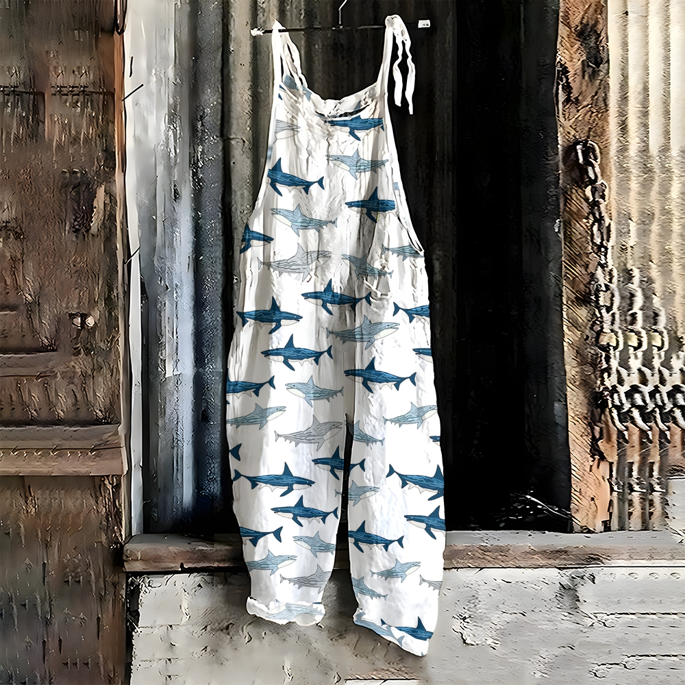 Sharks Embroidery Pattern Linen Blend Casual Jumpsuit