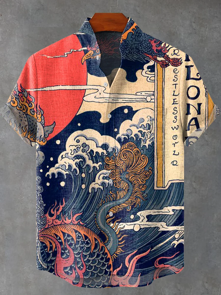 Vintage Japanese Art Ukiyoe Wave Painting Print Casual Shirt