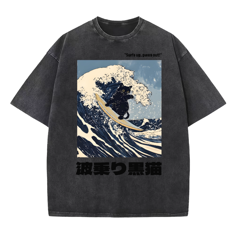 Black Cat Great Wave Vintage Wash Japanese Design T-Shirt