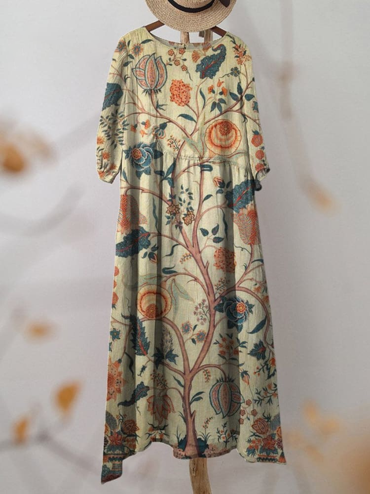 Women's Vintage Lovely Floral Art Print Pocket Cotton Dress