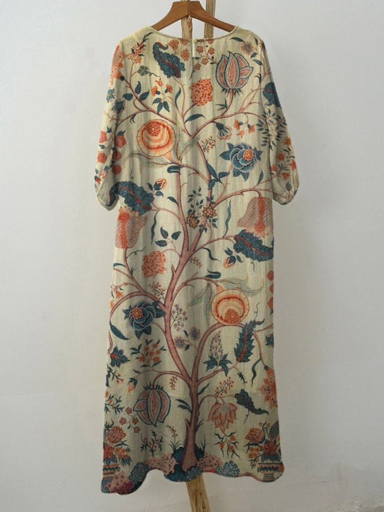 Women's Vintage Lovely Floral Art Print Pocket Cotton Dress