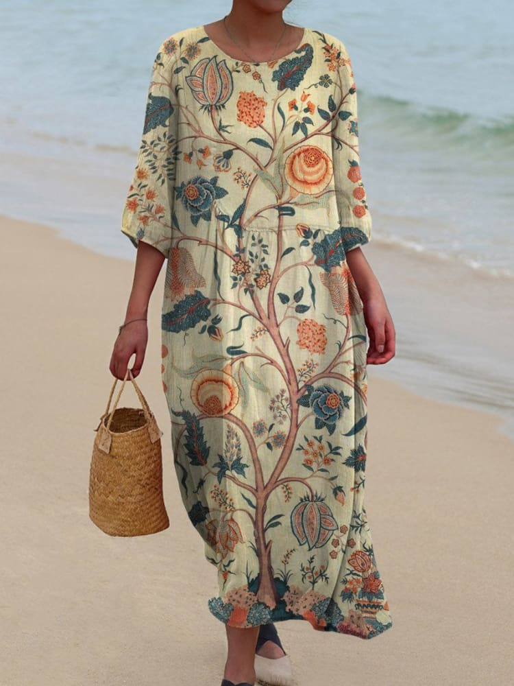 Women's Vintage Lovely Floral Art Print Pocket Cotton Dress