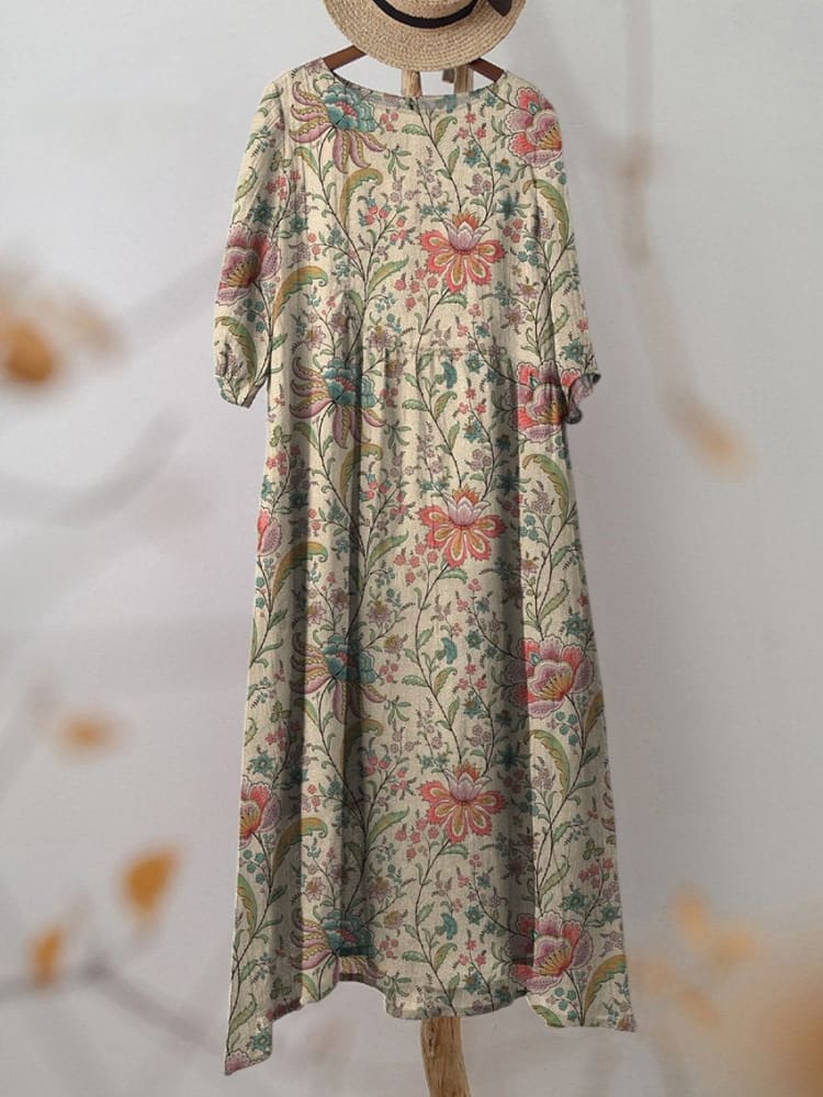 70s Style Vintage Floral Garden Printed Women's Pocket Cotton Dress
