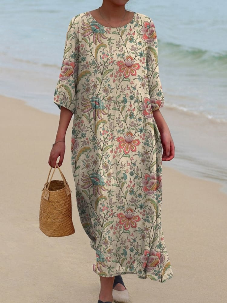 70s Style Vintage Floral Garden Printed Women's Pocket Cotton Dress