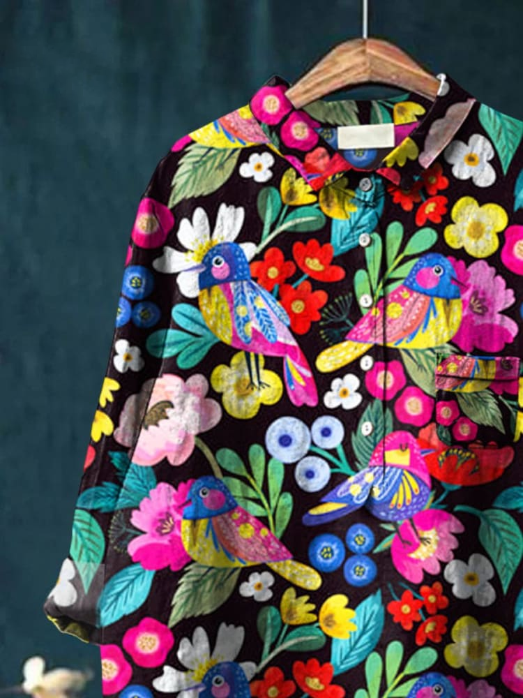Women's Flower Bird Art Print Casual Cotton And Linen Shirt