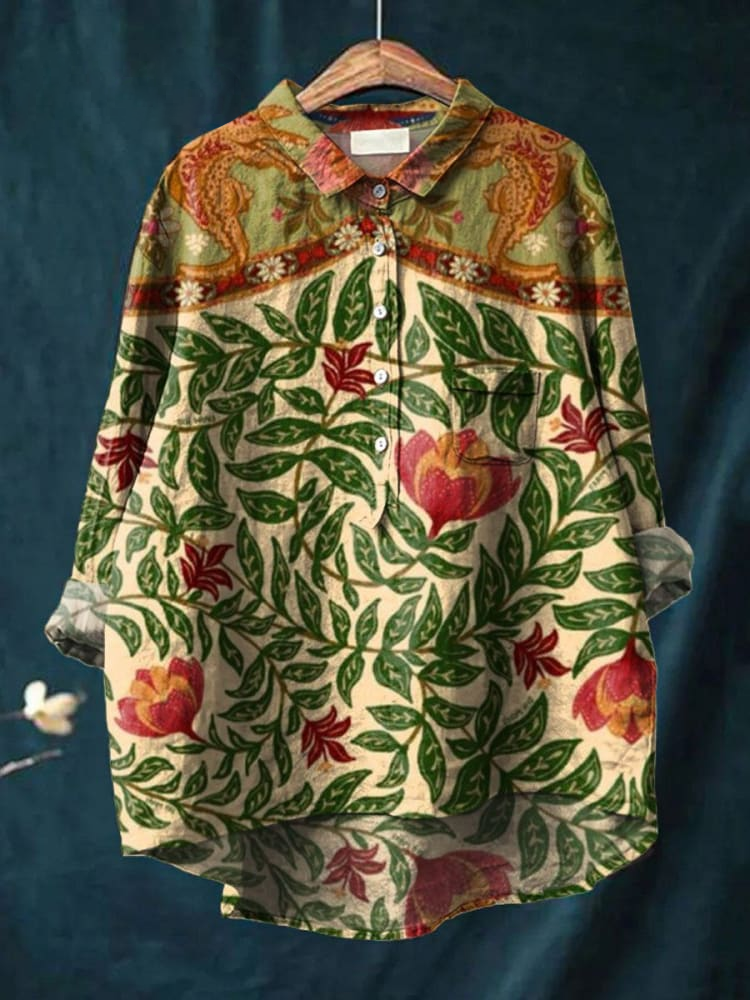 Women's Vintage Elegant Floral Print Casual Cotton And Linen Shirt