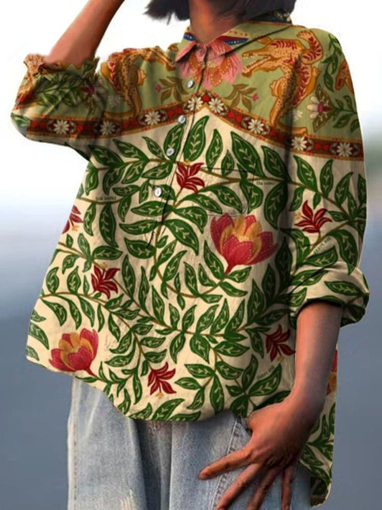 Women's Vintage Elegant Floral Print Casual Cotton And Linen Shirt