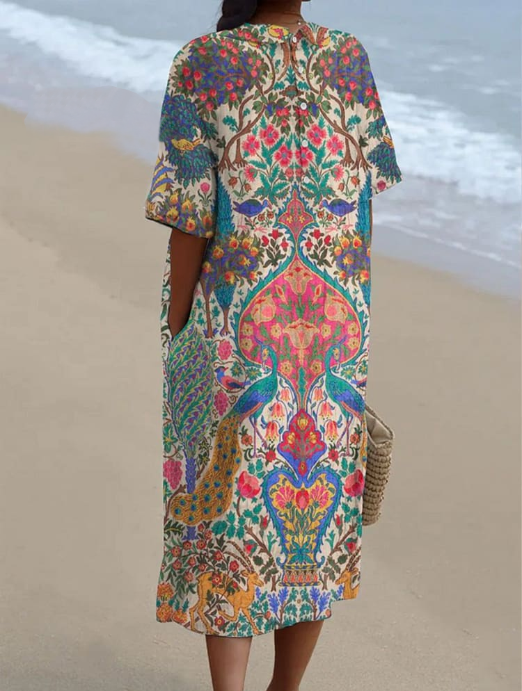 Women's  Floral  Art Print Pocket Linen Dress