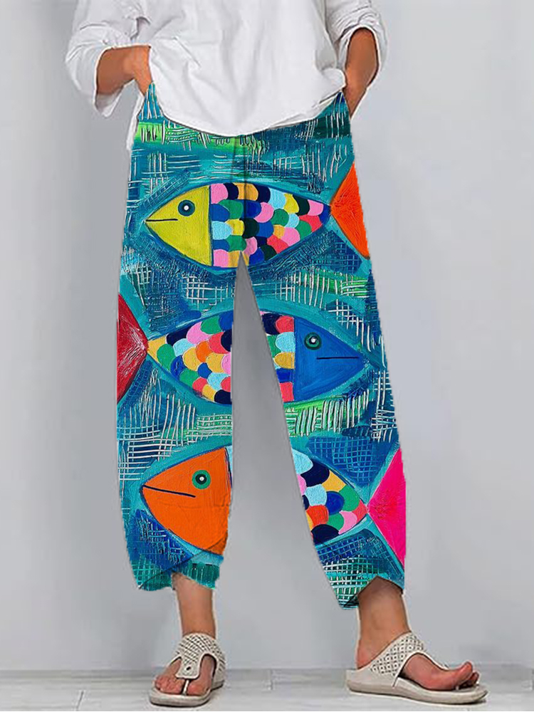 Colorful Art Fish Print Cropped Casual Pants