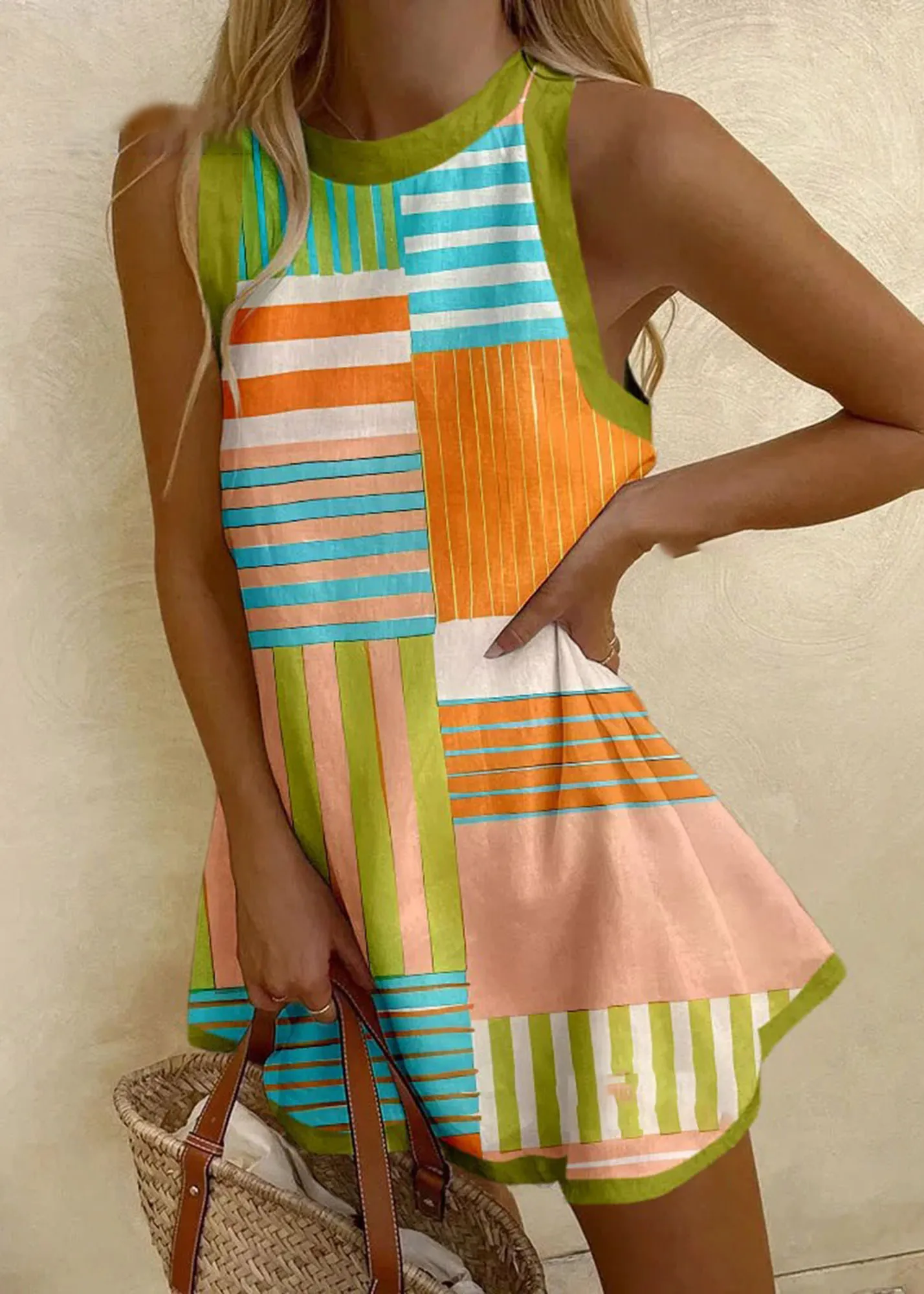 Color Matching Stripe Print Mini Dress