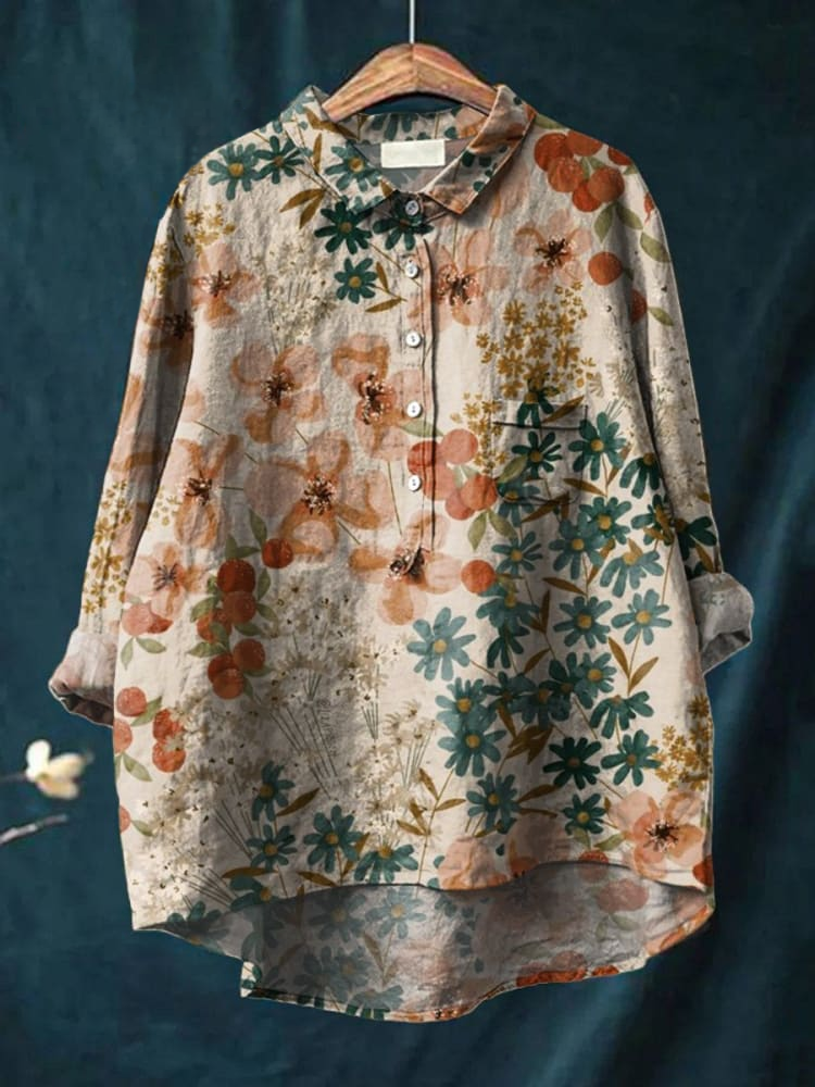 Women's Folk Floral Art Vintage Casual Cotton And Linen Shirt