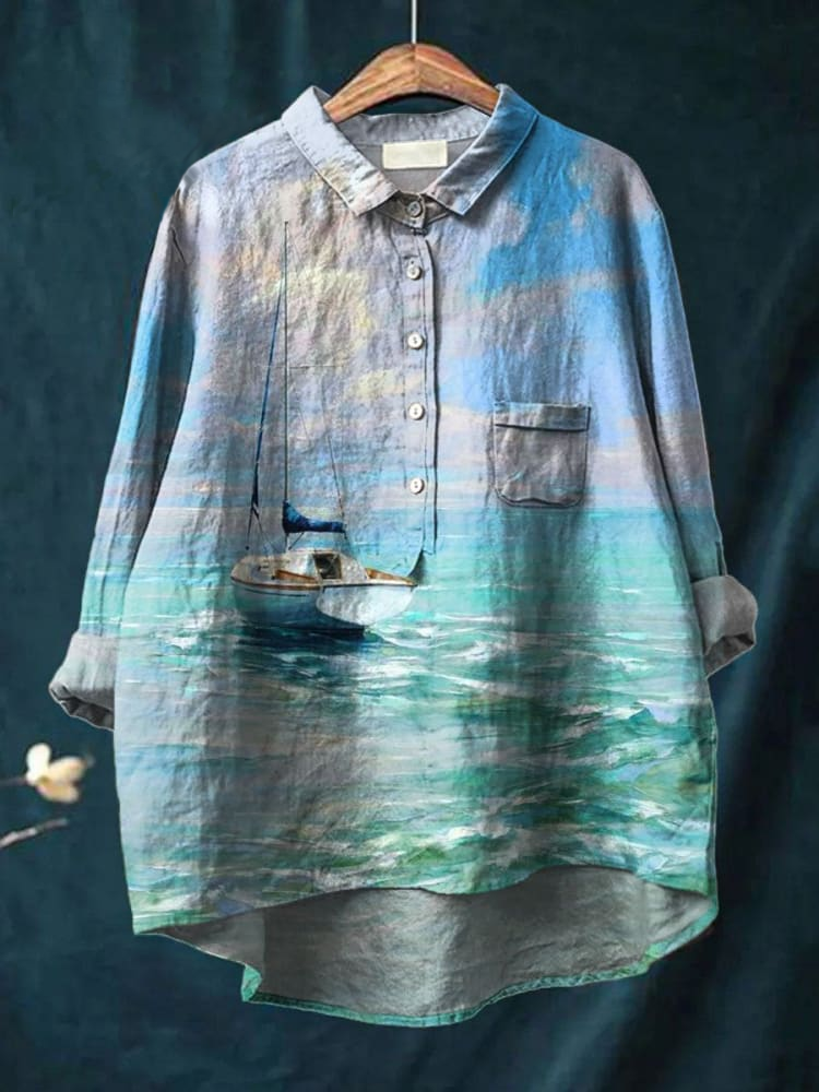 Vintage Lovely Sailing Boat Oil Painting Art Print Casual Cotton And Linen Shirt