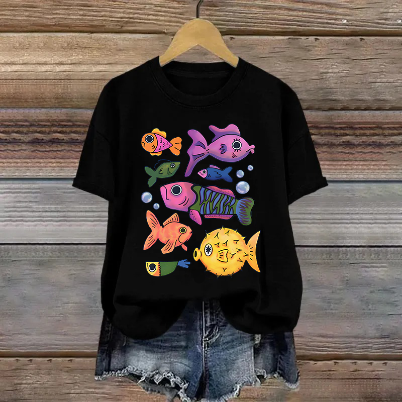 Cotton Colorful Cartoon Fish Printed T-shirt