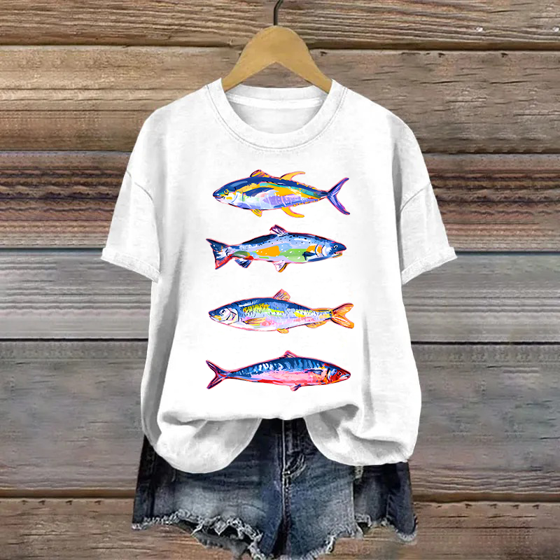Cotton Colorful Cartoon Fish Printed T-shirt