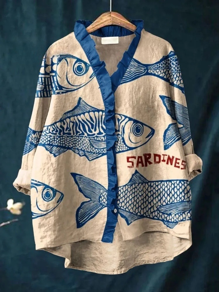 Women's Vintage Fish Sardines Art Print Casual Ruffle Shirt